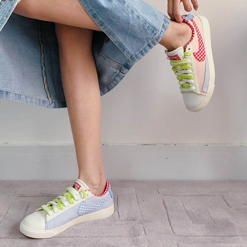 耐克nikeblazer开拓者low粉蓝格子女子低帮休闲运动鞋板鞋休闲鞋女鞋