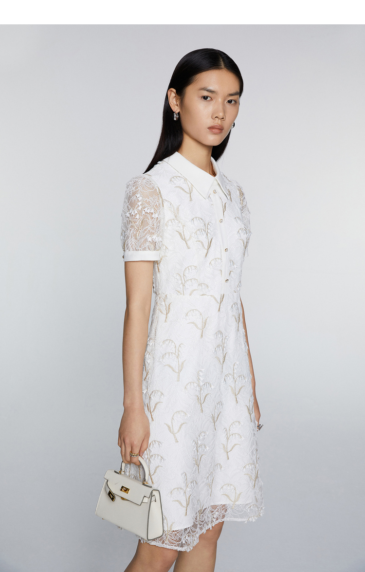 恩裳蔻2021夏季新款时尚通勤短袖修身显瘦衬衣领蕾丝连衣裙