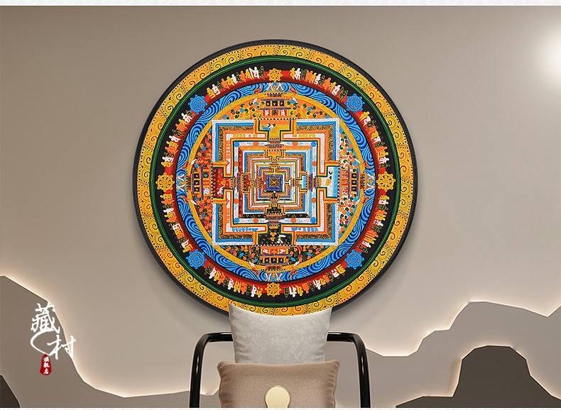 藏村 六字真言坛城唐卡 西藏手绘时轮金刚挂画客厅装饰画圆形框 八宝