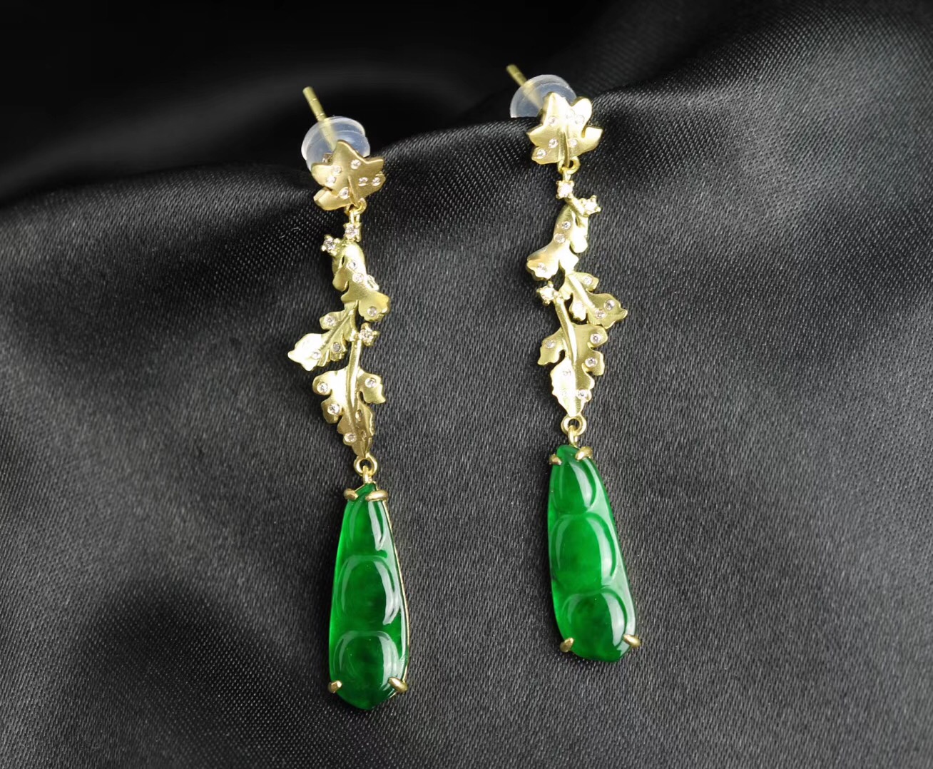 18k金镶冰种满绿翡翠福豆钻石耳环耳坠【图片 价格 品牌 报价】-京东