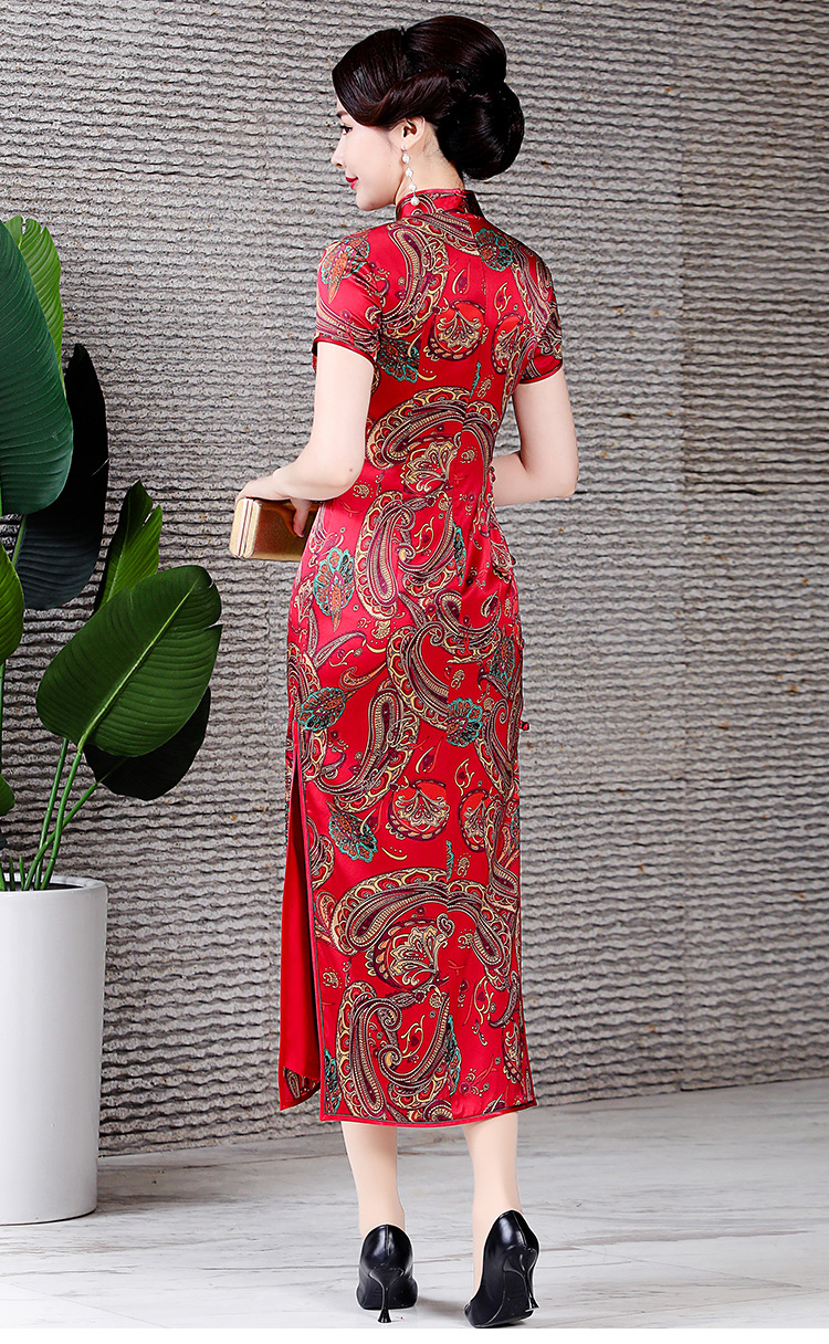 真丝旗袍长款夏复古改良高档桑蚕丝旗袍连衣裙修身中国风礼服女 红色