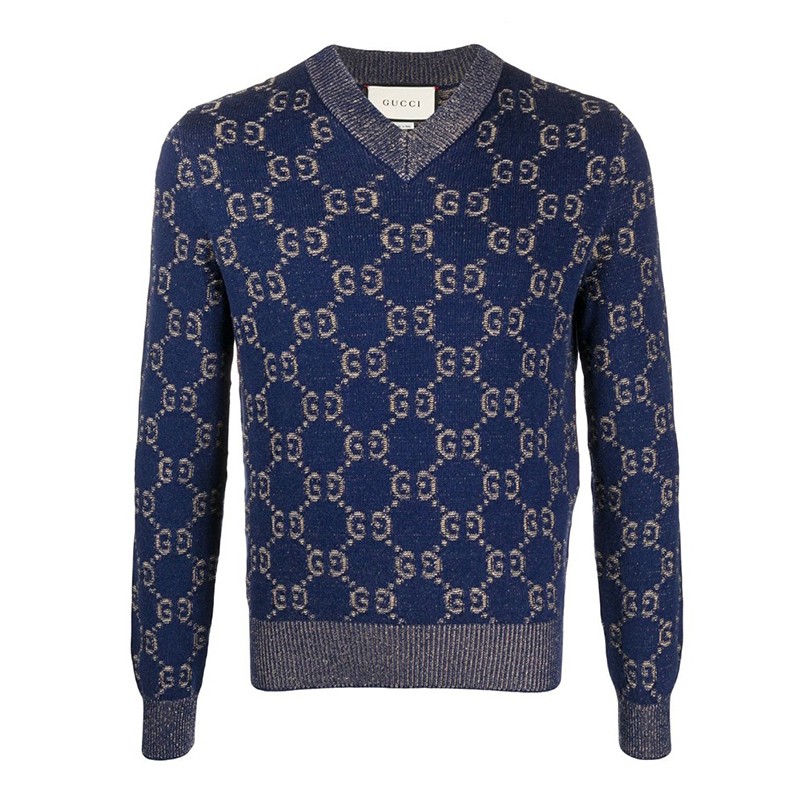 gucci/古驰 经典双glogov领毛衣 男士针织衫/毛衣614744 bl 湛蓝色 m