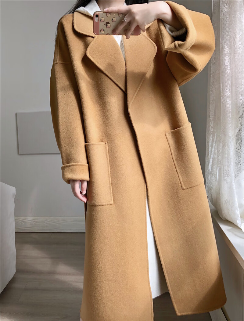 拉夏贝尔毛呢大衣女专柜秋冬韩版羊毛手工双面羊绒大衣女中长款廓形宽
