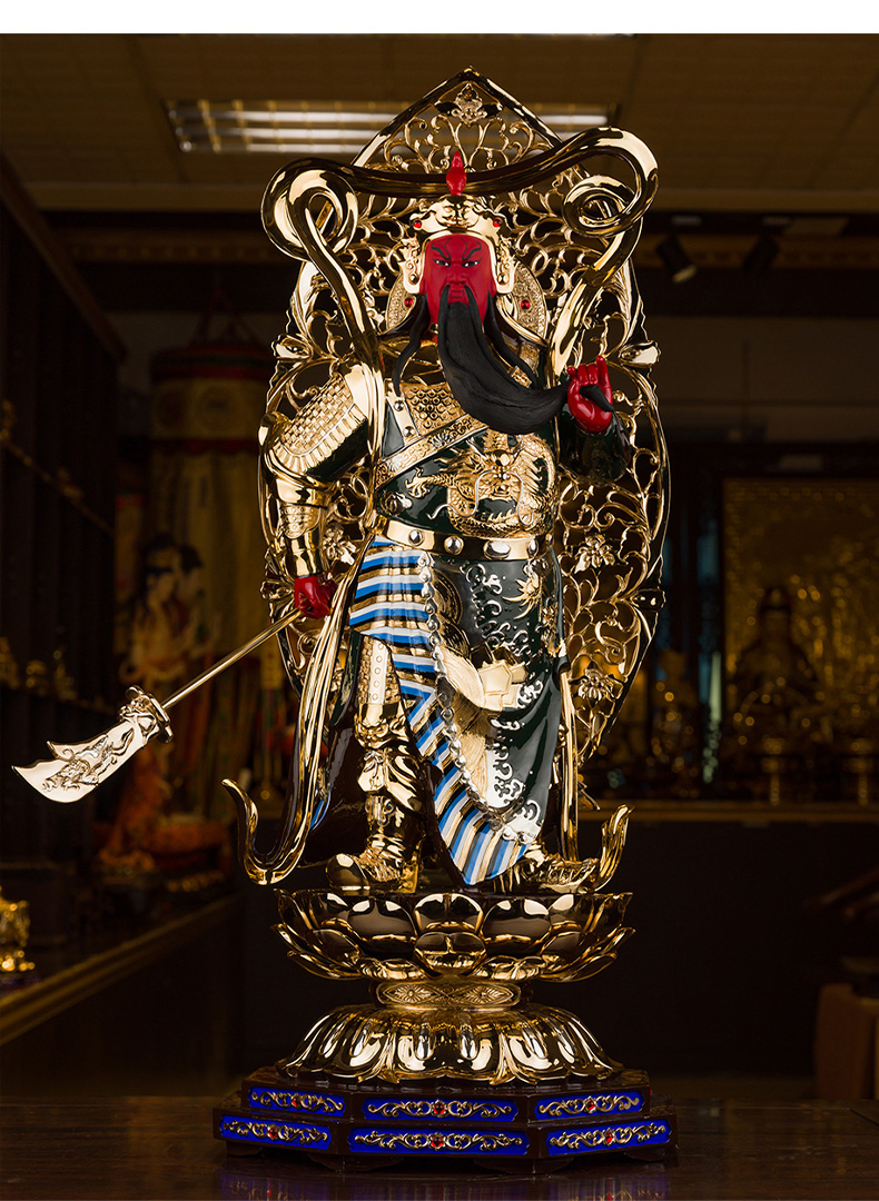 纯铜鎏金89cm站立关公摆件武财神关羽关二爷神像供奉伽蓝菩萨853636cm