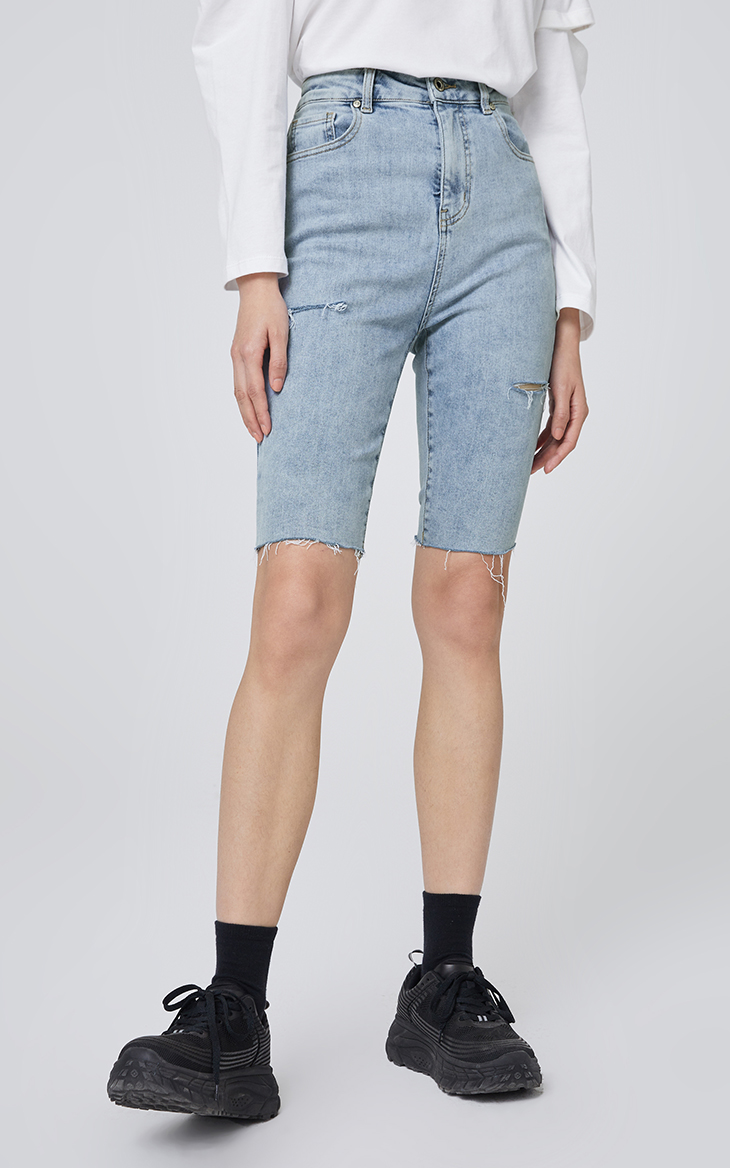 selected思莱德lycra莱卡高腰紧身五分牛仔裤女s4212s3001黑16568amr