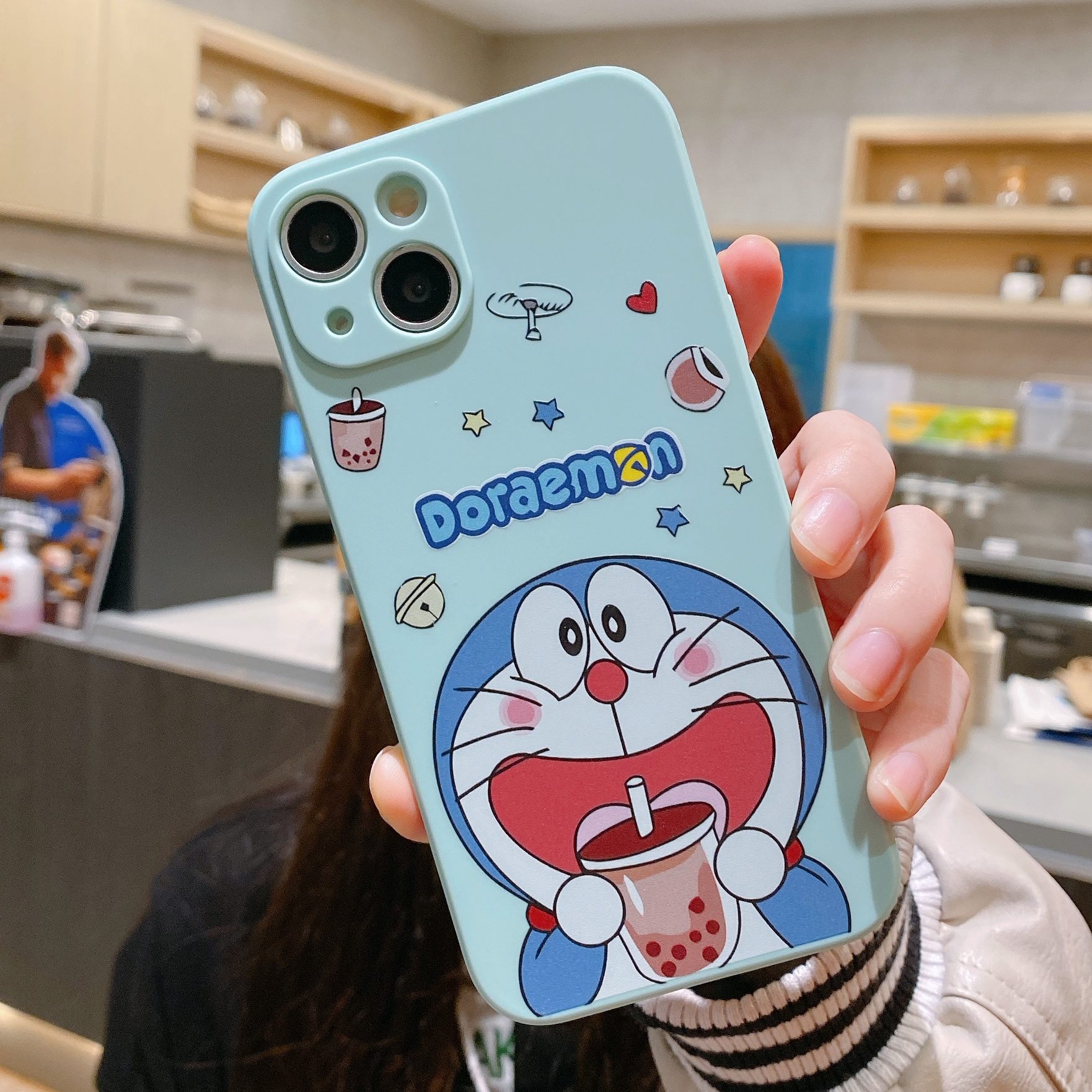 ploiu 卡通喝奶茶哆啦a梦适用苹果11手机壳iphone12mini直边xsmax外壳