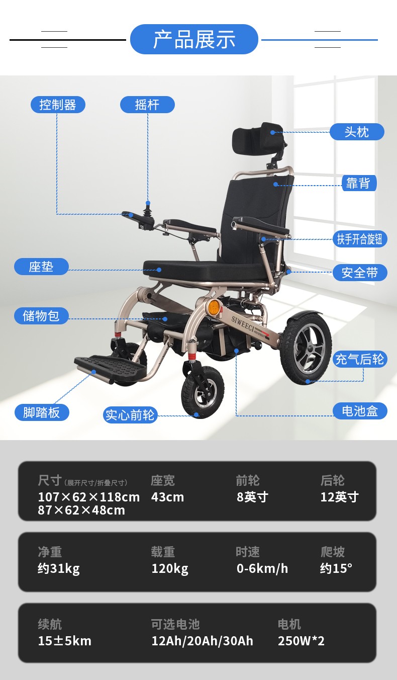 德國品牌siweeci電動輪椅老人輕便摺疊dywxt2b靠背可調頭枕可加合金