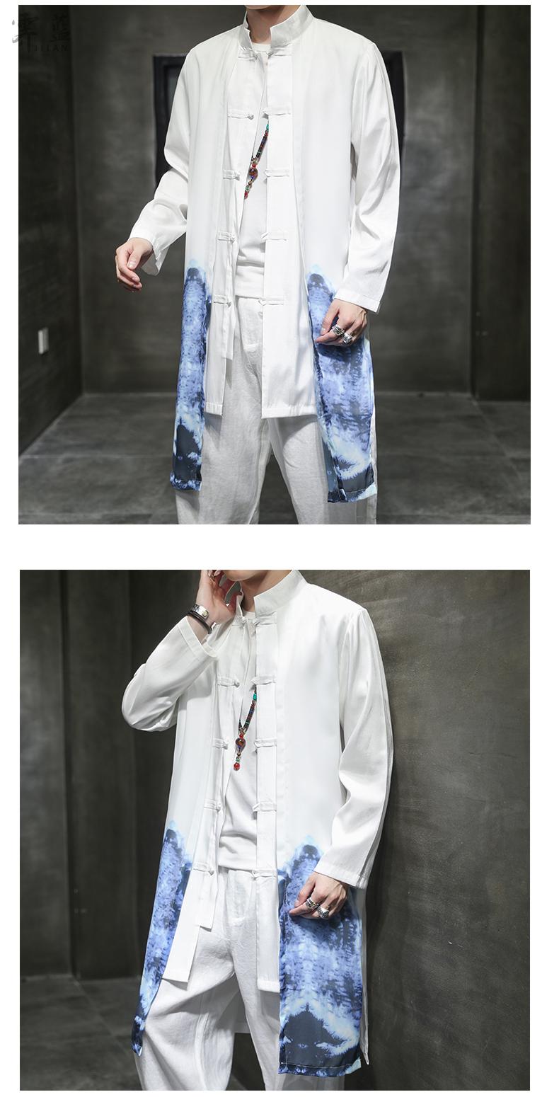 霁蓝高端品牌男装汉服男中青年唐装男盘扣雪纺中长款风衣春夏季中国风