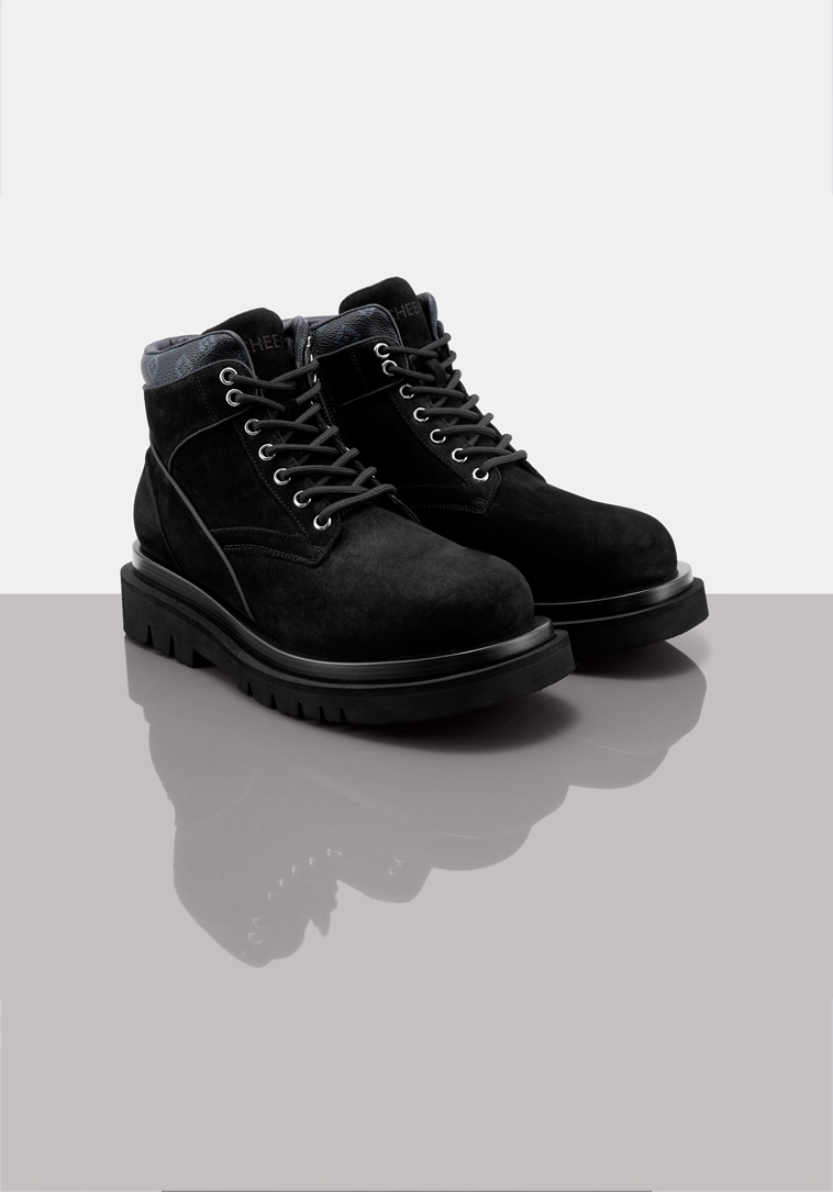 trendiano官方潮牌秋冬男鞋时尚简约百搭牛反绒高帮绑带休闲鞋男 黑色