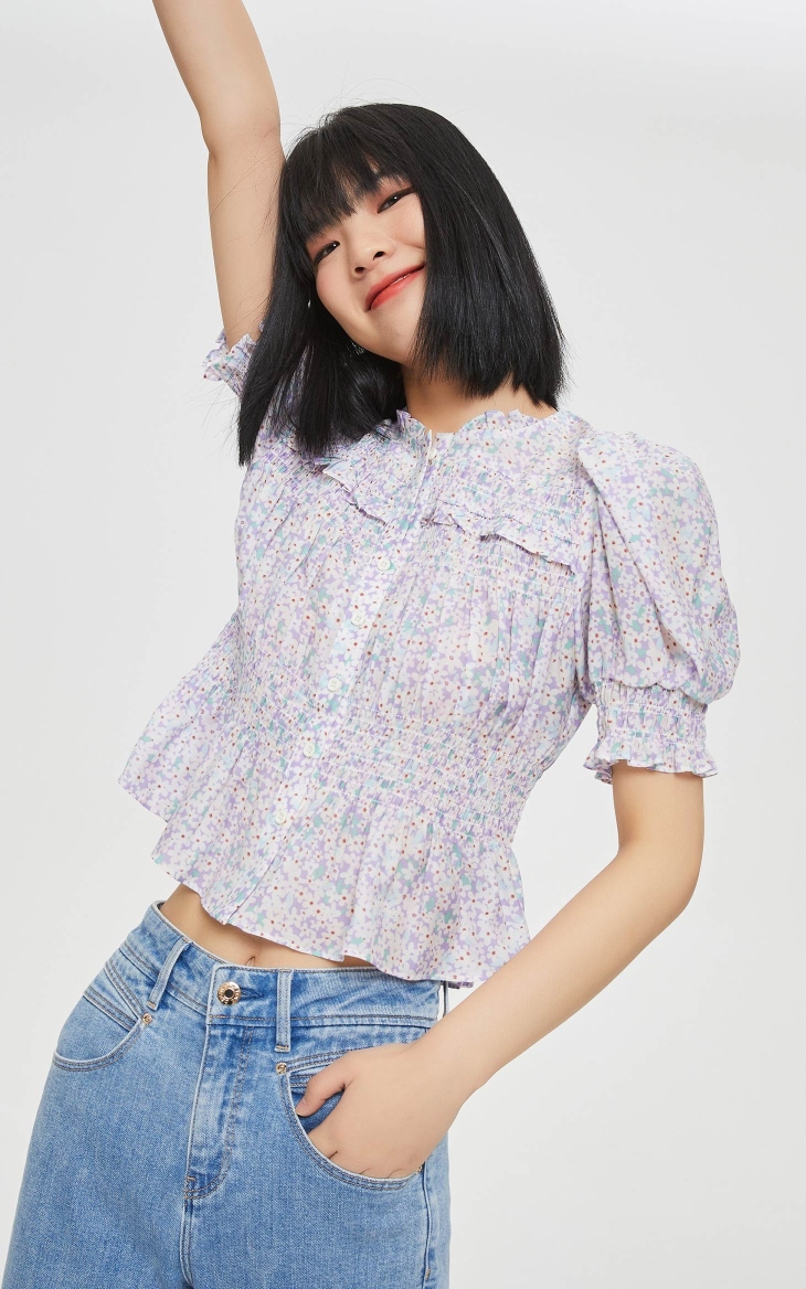 女装 衬衫 only only2021夏季新款褶皱收腰下摆荷叶边袖口短袖雪纺衫