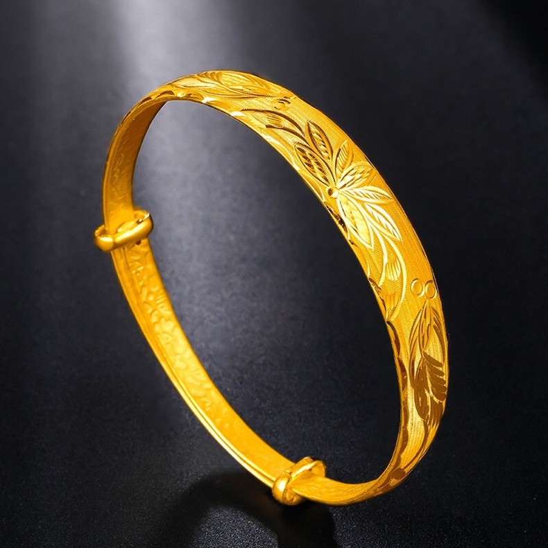 金饰旺珠宝 黄金花开富贵手镯女款足金实心花手镯经典车花宽面推拉金