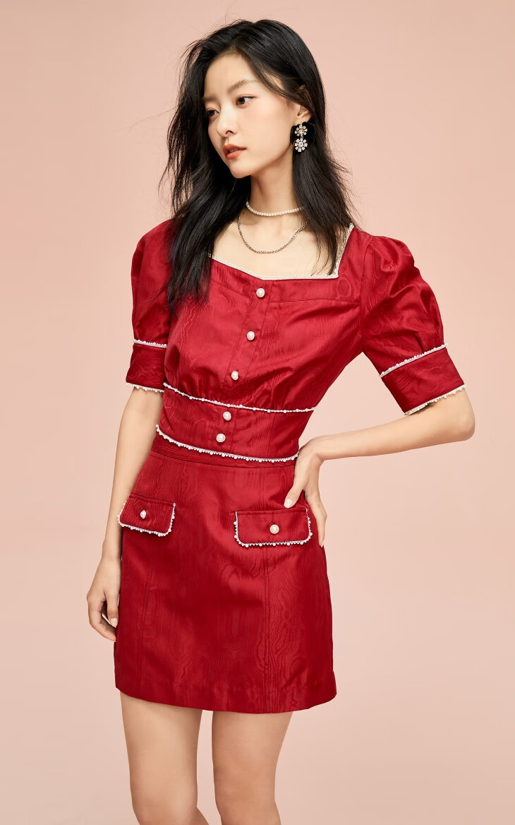 only2021夏季新款复古泡泡袖短款高腰套装连衣裙女121207144 f1a 亮