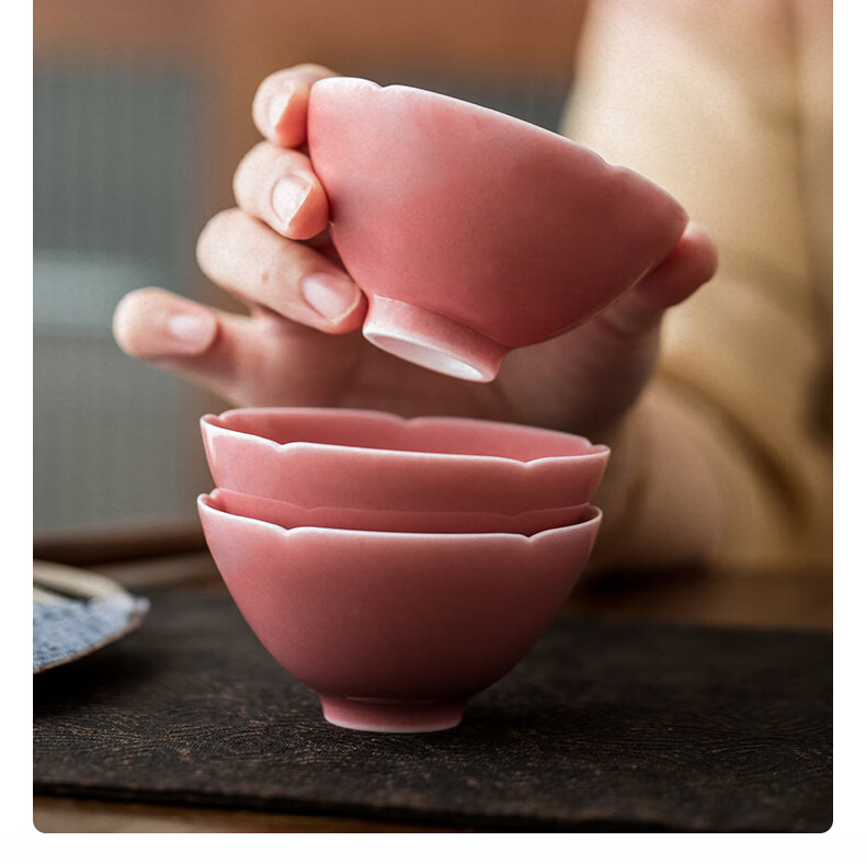 景德镇陶瓷官方桃红釉胭脂红茶杯陶瓷单杯家用品茗杯功夫茶具喝茶碗