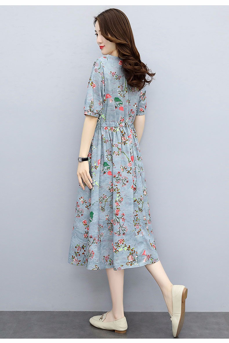 子牧棉麻夏装女复古修身碎花裙子时尚休闲印花收腰连衣裙08205858蓝色