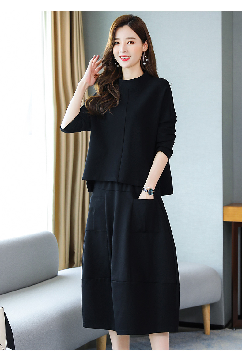 春季大码女装时尚休闲套装韩版气质春秋女士黑色长袖连衣裙中长款裙子