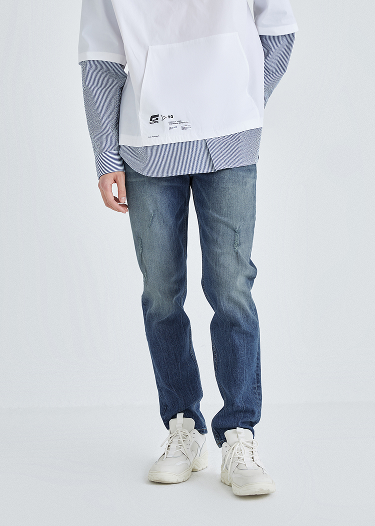 jackjones【新疆棉】杰克琼斯秋男潮流休闲舒适猫须破洞水洗牛仔裤