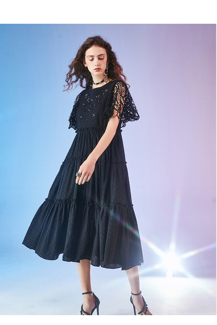 莲灿2021夏季新宽松修身圆领蝴蝶袖塔裙短袖连衣裙 黑