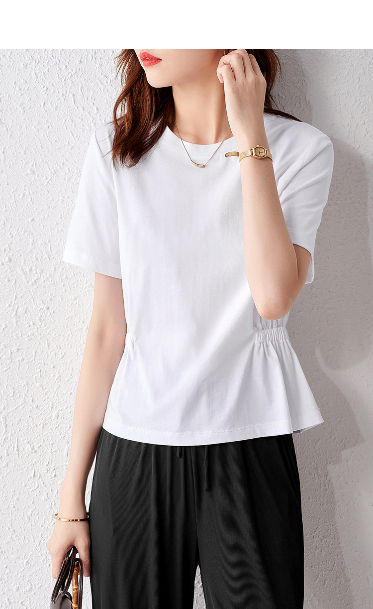 尚都比拉简约纯色松紧腰纯棉针织修身圆领短袖t恤女夏季新款上衣 白色
