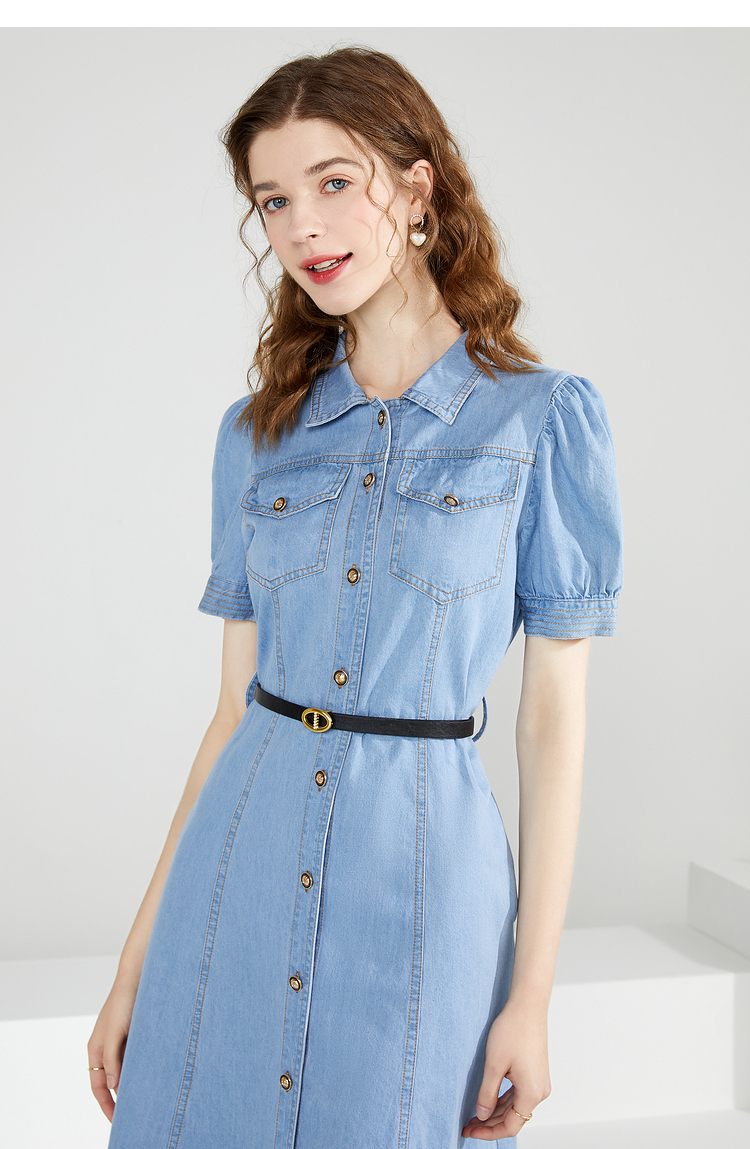 亦谷翻领牛仔中长款收腰连衣裙女2021年夏装新款感气质薄裙子 浅蓝 m