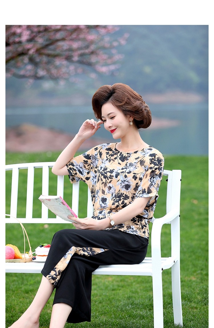 宝莲朵妈妈装夏季短袖t恤中年女士衣服雪纺衬衫中老年女装夏装大码