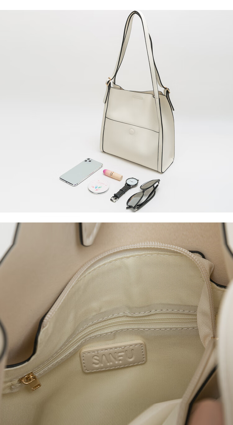 三福2021复古油边系列撞色设计通勤挎包时尚女包443490 奶油白 大