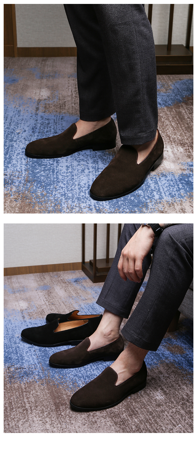 弓长梦男鞋新款吸烟鞋男英伦商务休闲皮鞋轻便一脚蹬夏季反绒乐福鞋