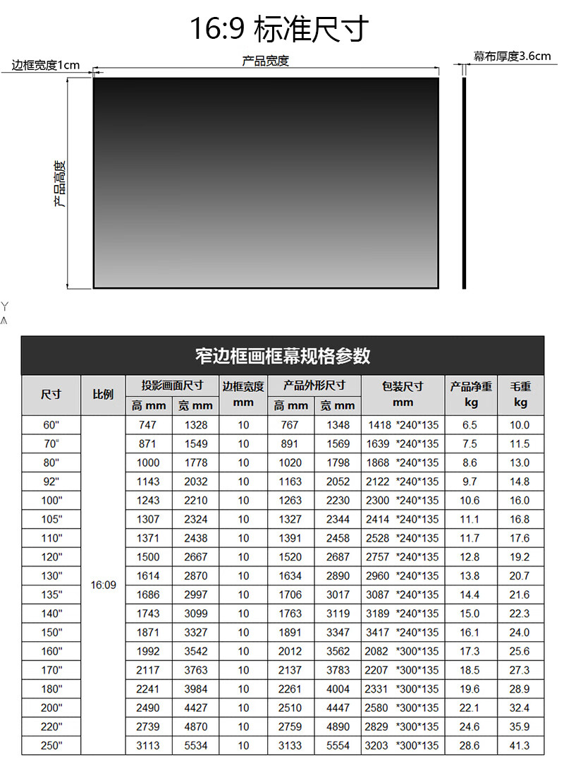 高清4k皓白幕 3d金属幕 透声幕窄边框投影幕布 100/150英壁挂幕画框幕