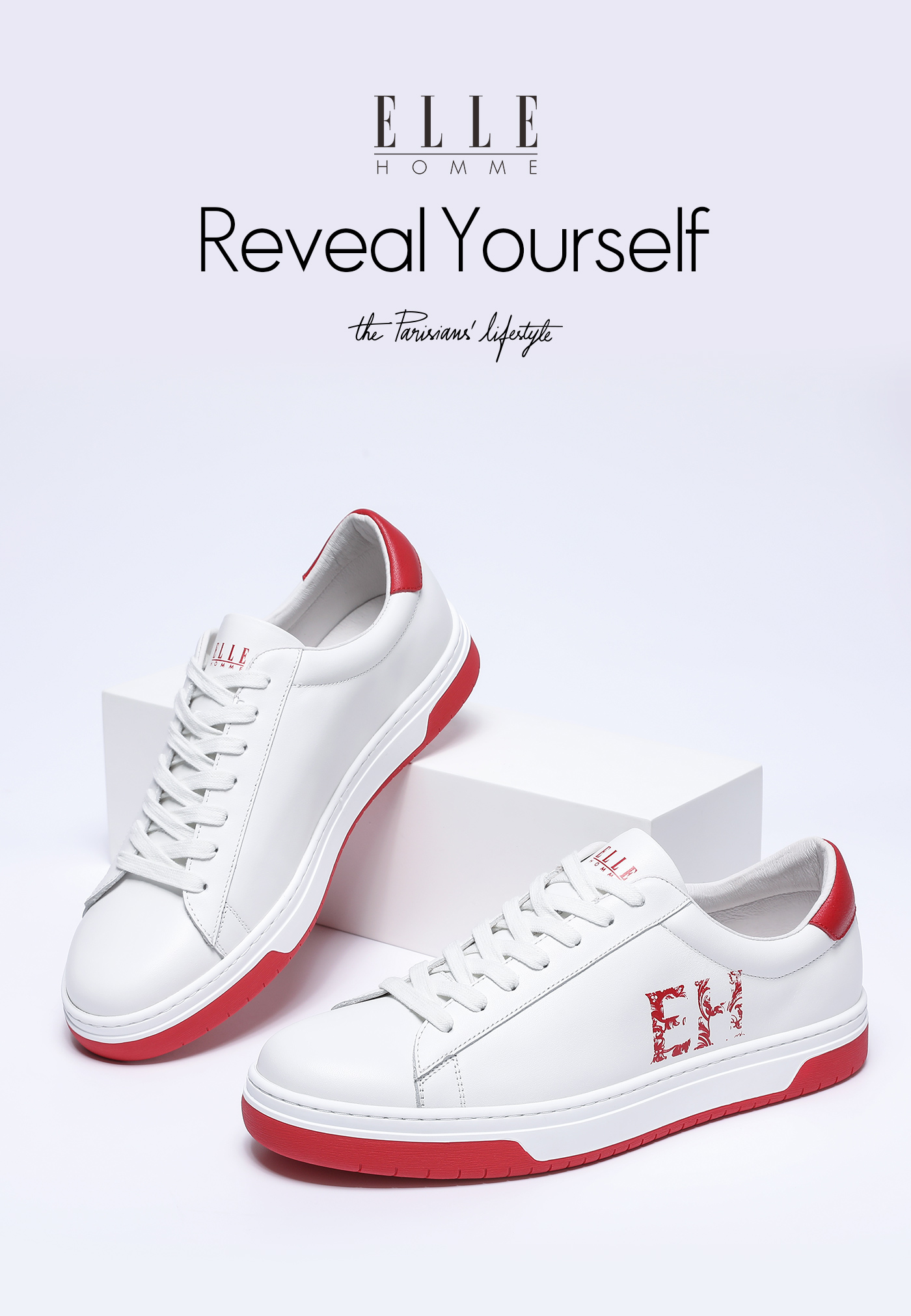 ellehomme鞋子男时尚撞色板鞋真皮潮男士休闲鞋小白鞋白绿色38