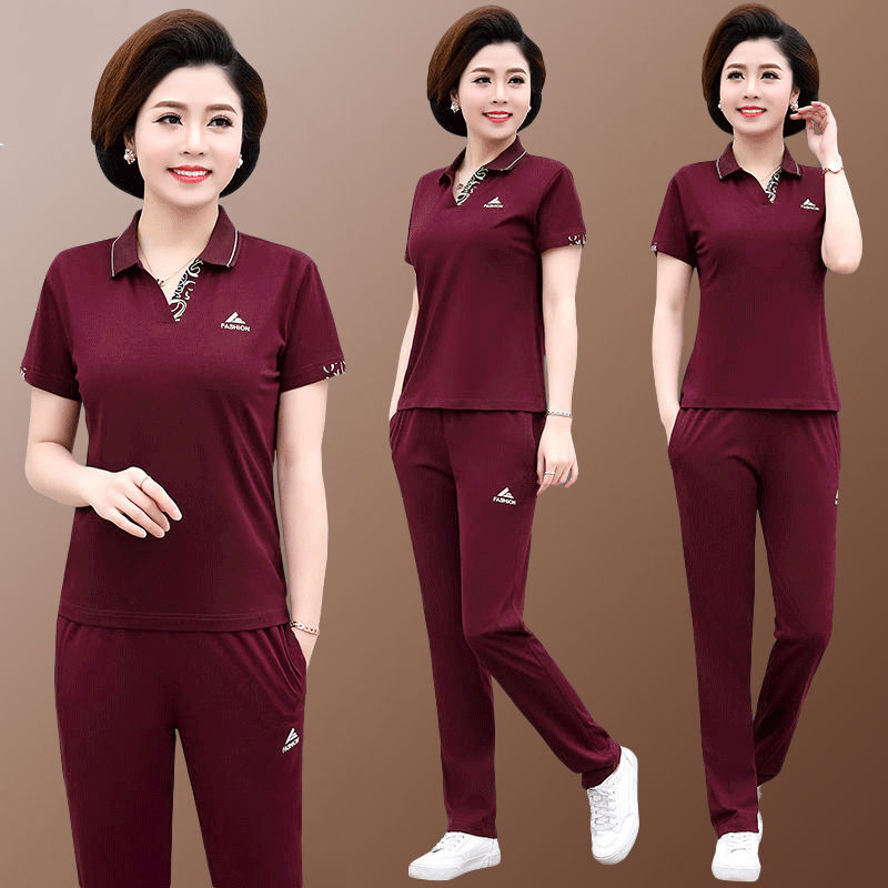 女大码夏季中老年40岁50休闲运动服两件套女夏460酒红5xl建议155185斤