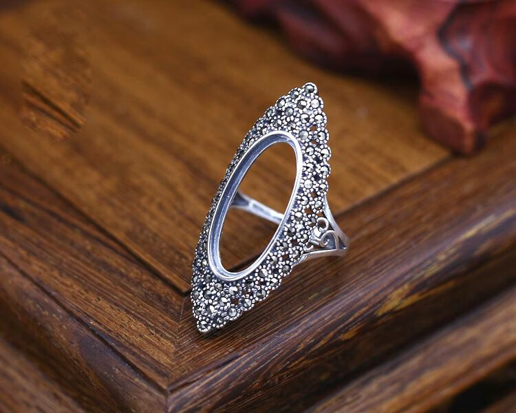 洛华琦s925银戒指空托9*18镶嵌蜜蜡戒面复古活口戒指托13*19戒托10*23