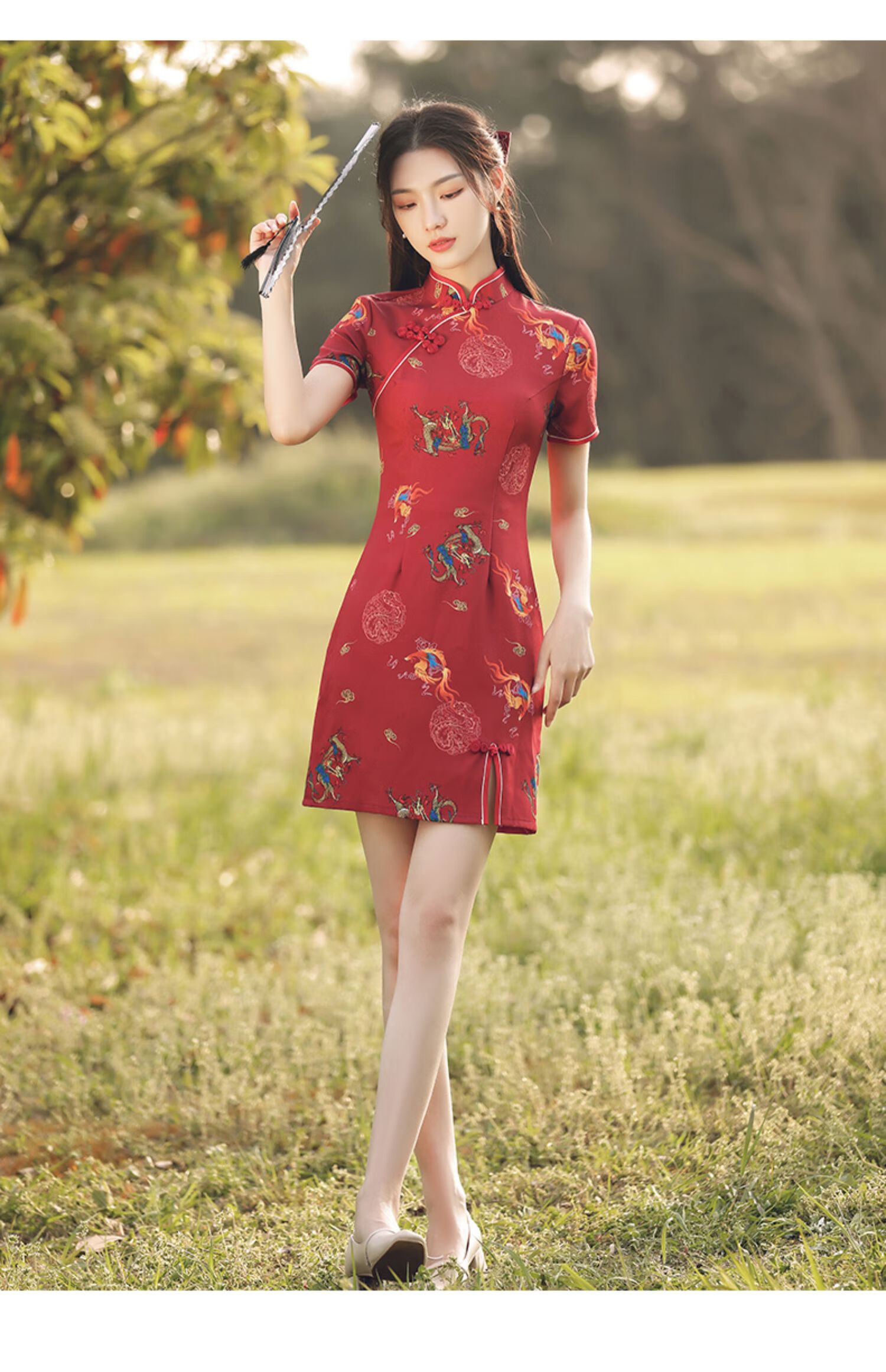 祺袍中长连衣裙小个子旗袍年轻款少女2021年新款复古红色中国风国潮