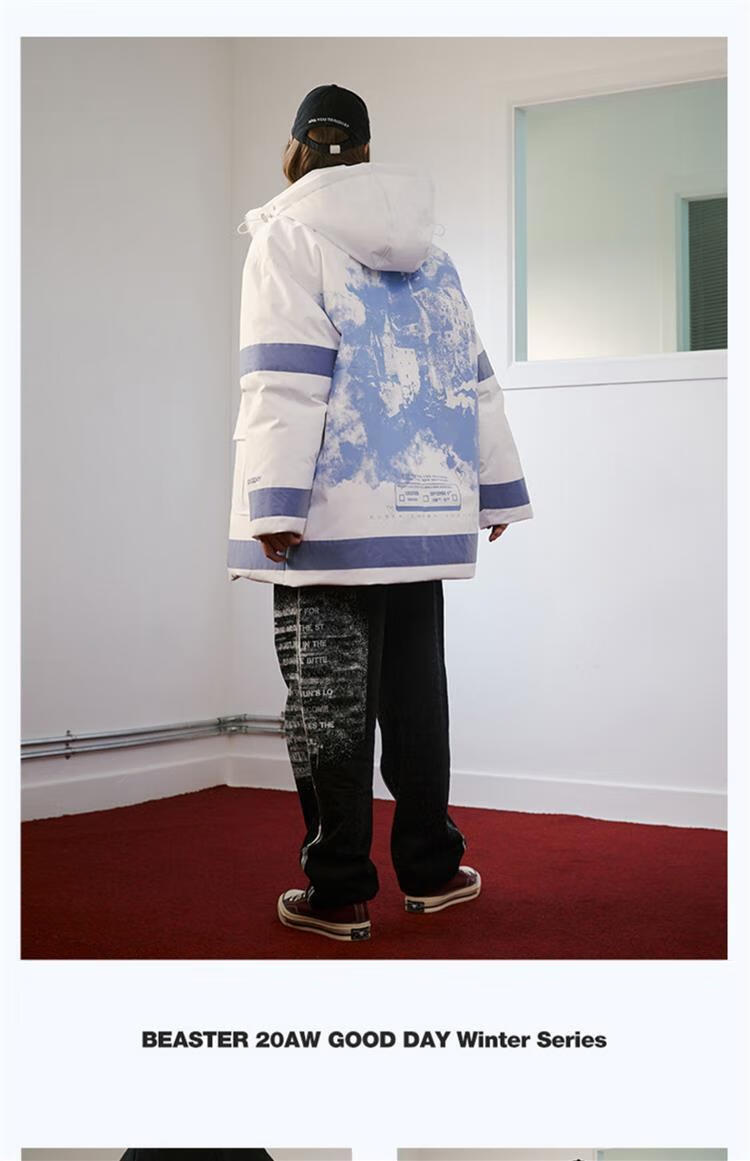 mostvevy联名小恶魔鬼脸潮牌设计反光工装羽绒服抽绳连帽立领休闲外套