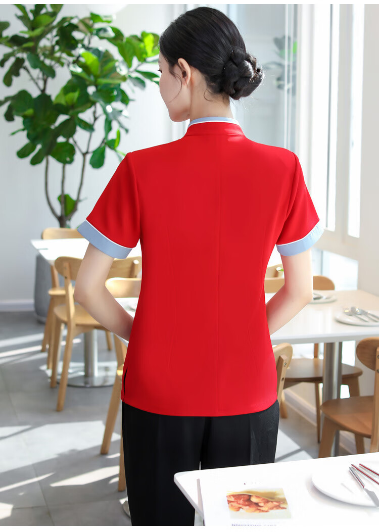服短袖中式酒店餐厅餐饮火锅饭店服装气质女夏装女红色单上衣围裙l