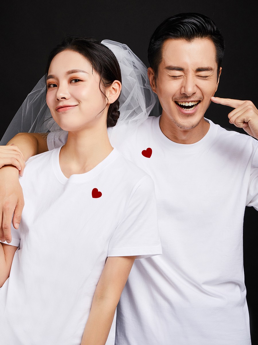 结婚登记照情侣装夏装创意大码白色短袖t恤证件照领证订婚衣服白色