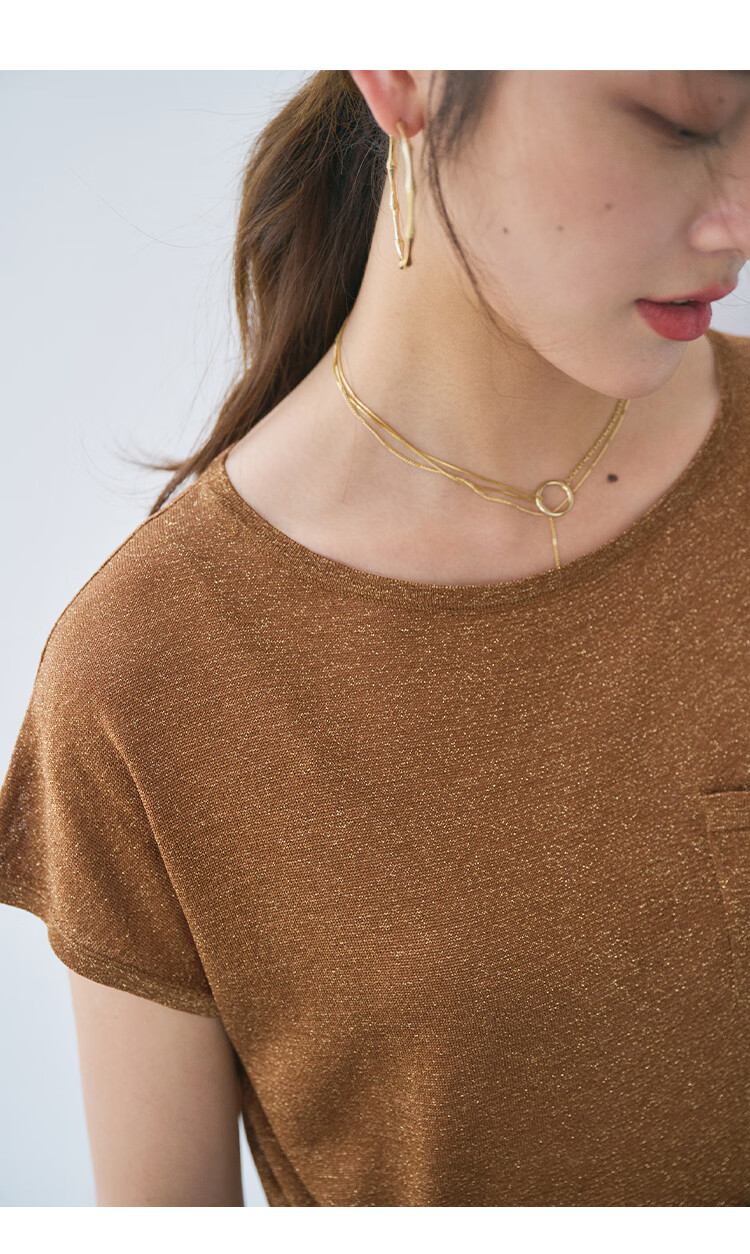 初棉星辰璀璨 棕色亮闪闪半袖t恤女显瘦 口袋薄款冰丝短袖t恤 摩卡棕