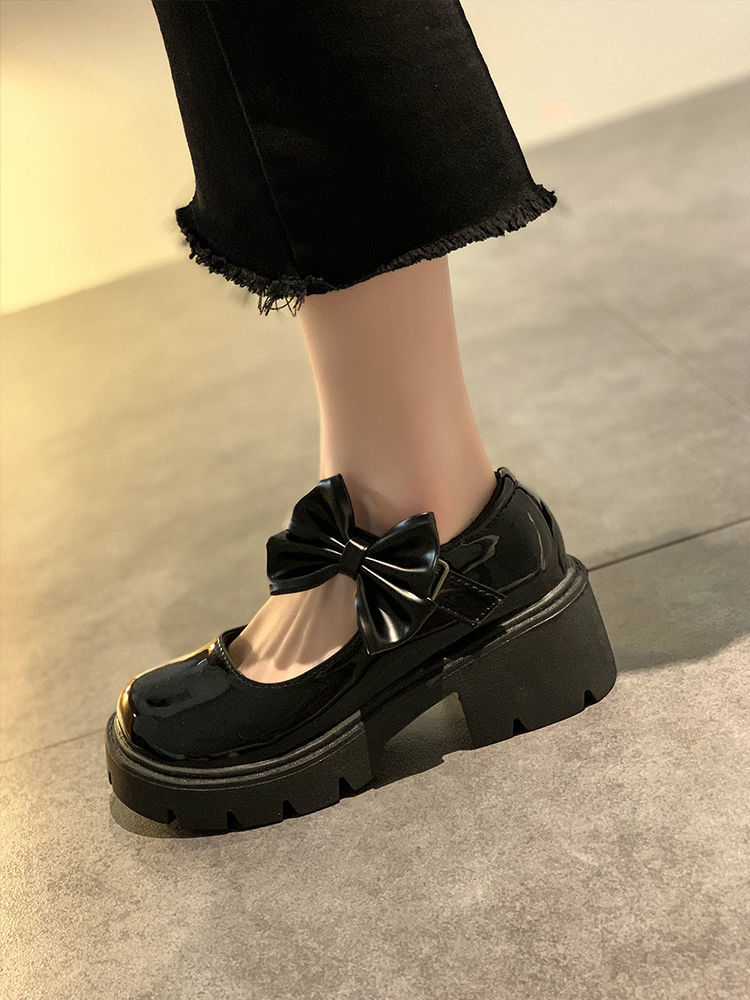 jk鞋子日系玛丽珍小皮鞋蝴蝶结两穿小皮鞋女夏日系jk复古厚底单鞋米
