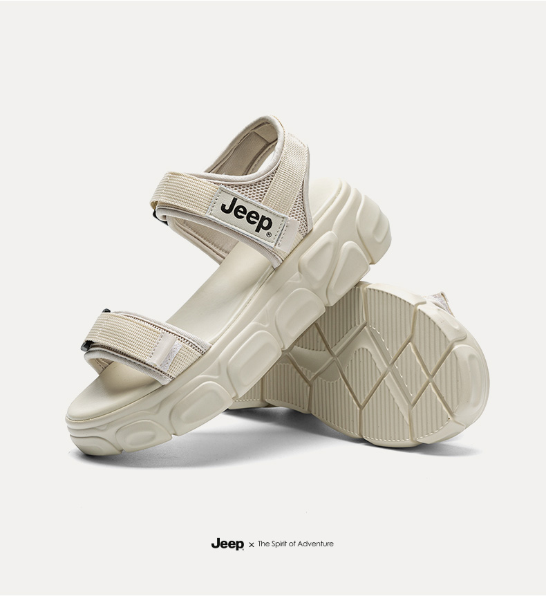 jeep吉普运动凉鞋女夏季新款魔术贴一字带增高厚底松糕女鞋 米色 35【