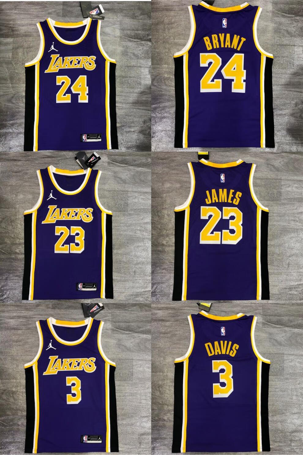 湖人队紫金篮球服23号詹姆斯24好3戴维斯复古版v领圆领领球衣学生球衣