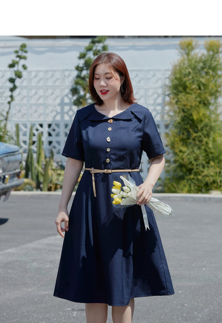 纤莉秀2021夏新款大码女装优雅知性微胖mm收腰遮肚子翻领连衣裙子2095