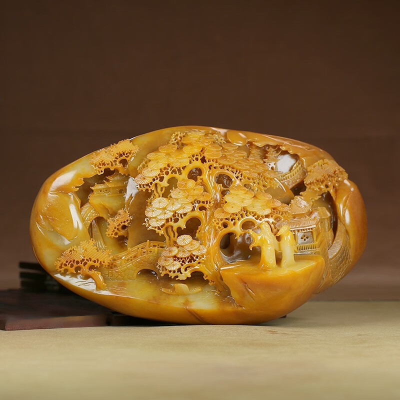 瑾瑶 和田玉黄沁籽料精雕山水手把件手玩摆件富居山水1934g【图片