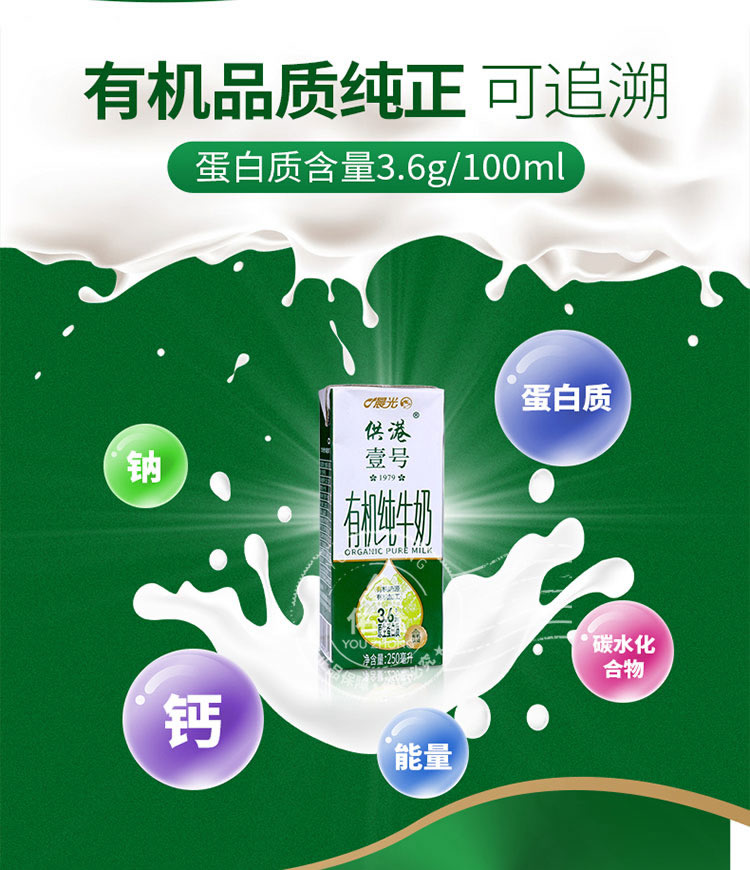 晨光 供港壹号有机纯牛奶250ml*12盒 营养早餐奶 1箱