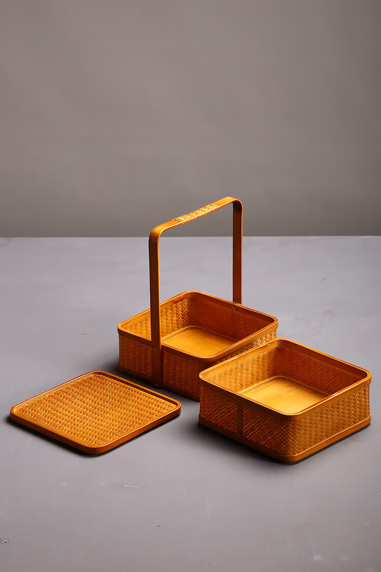 上坟用食盒 竹编提篮收纳日式双层水果点心果盘宫廷食盒影视道具复古