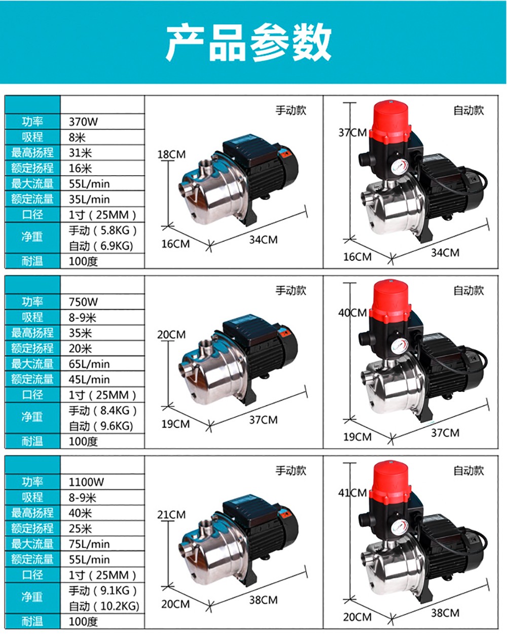 自吸泵220v自動加壓井水大流量吸水泵微型噴射泵370w不鏽鋼泵頭全自動