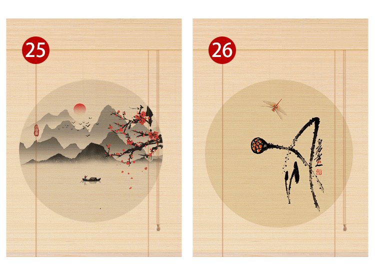 下拉式卷轴窗帘画印花竹帘卷帘门帘隔断复古禅意阳台遮光升降日式喷绘