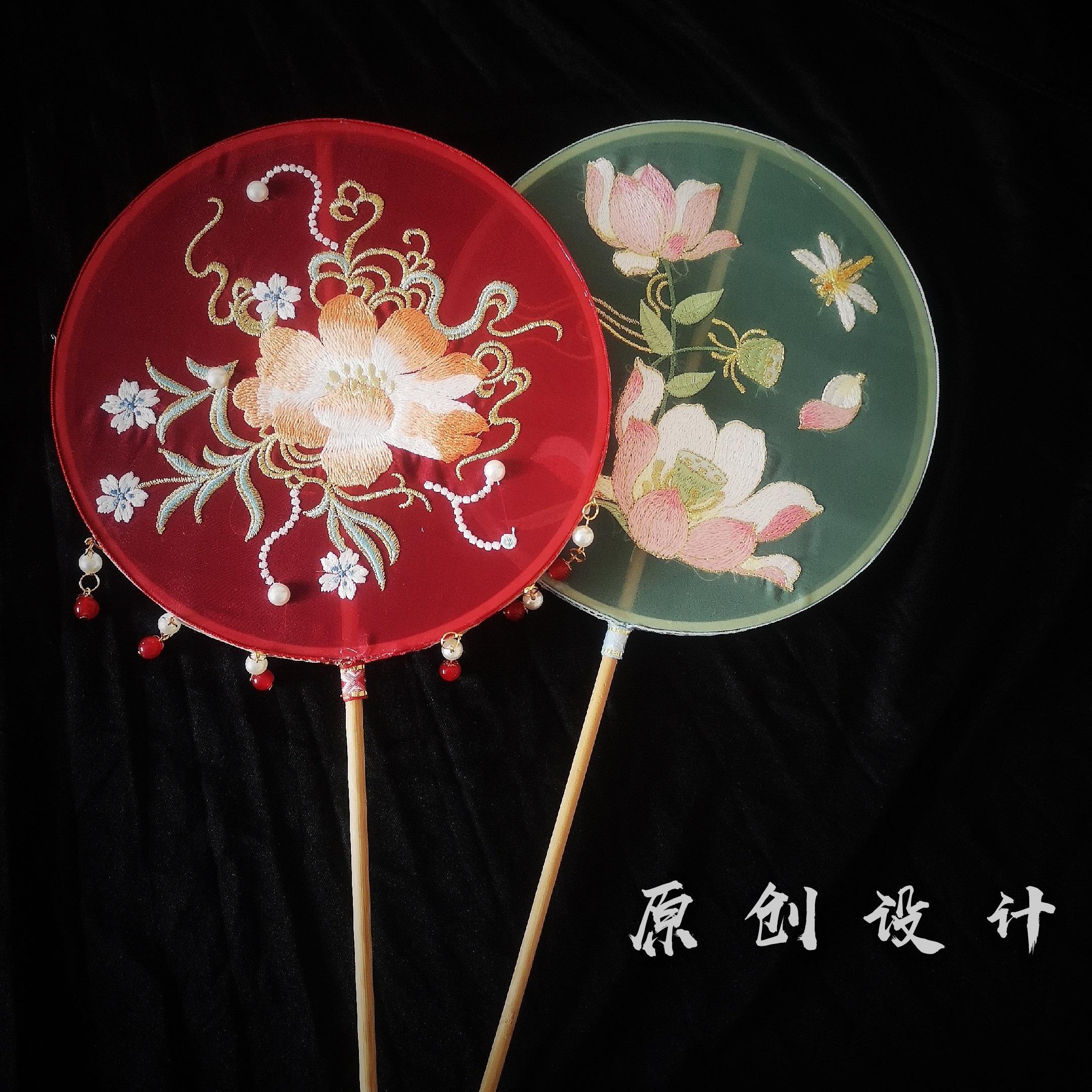 团扇古风长柄流苏中国风汉服扇子仙气刺绣圆扇舞蹈摄古典宫扇女 花嫁