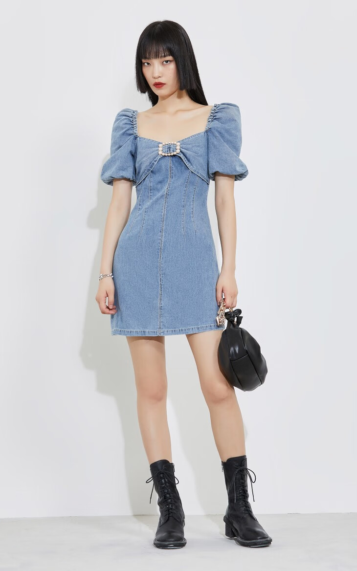 only春季新款a字收腰甜美泡泡袖休闲牛仔连衣裙女12134j33350洗水牛仔