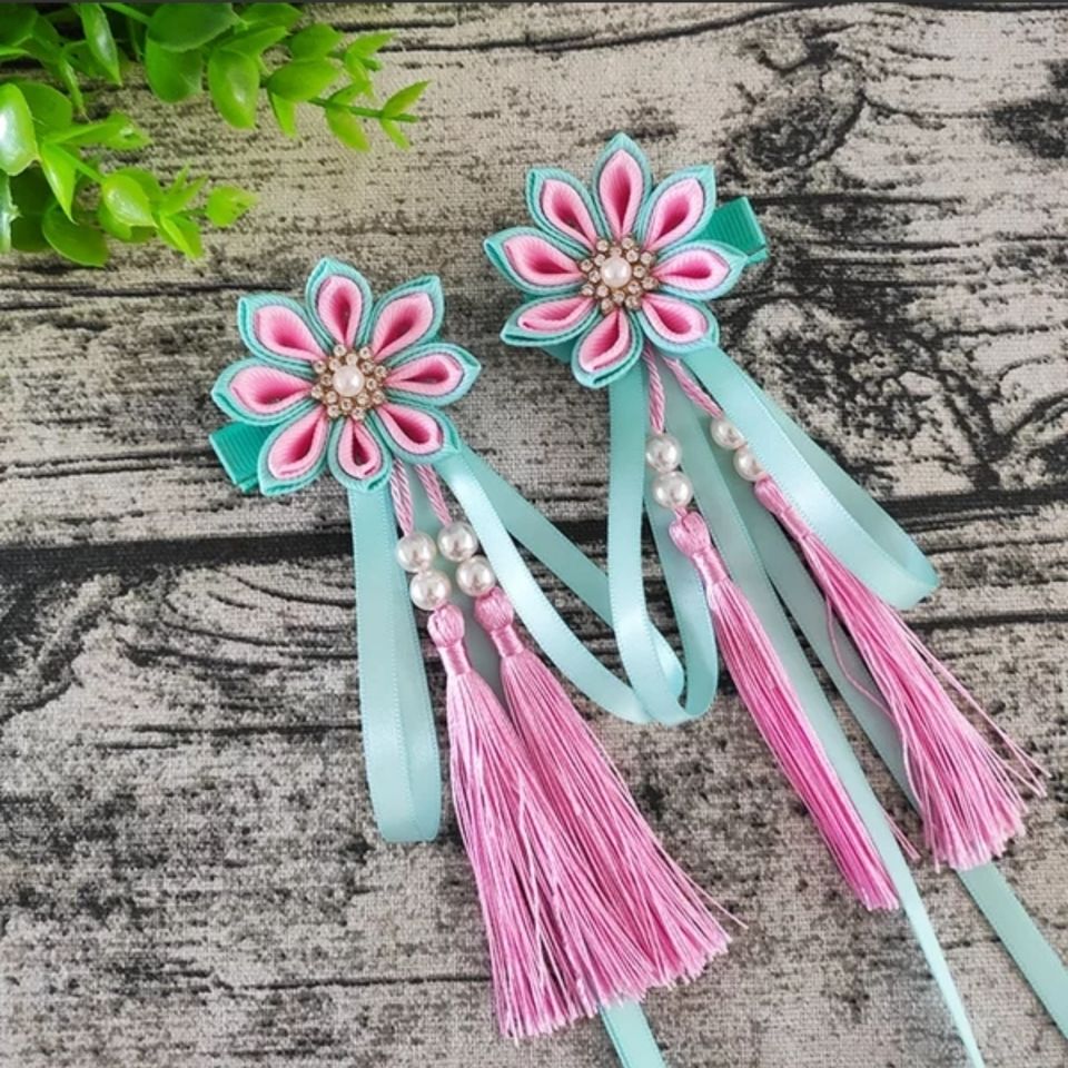 朋趣儿童古风仙气汉服发饰手工花朵流苏飘带发夹中国风古装表演表夹