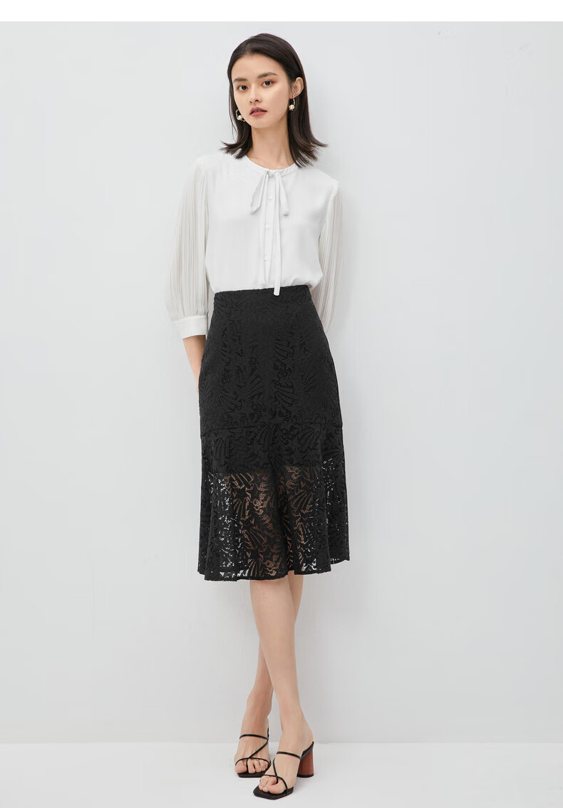 伊芙丽半身裙秋冬女高腰显瘦a字裙中长款黑色半身裙 黑色 160/64a/m