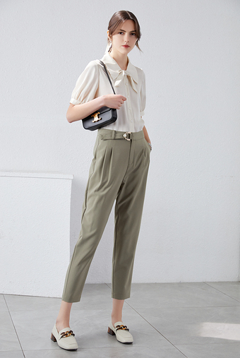 休闲裤女高腰垂感衣香丽影商场同款夏季韩版直筒裤子ins潮女装灰绿色s
