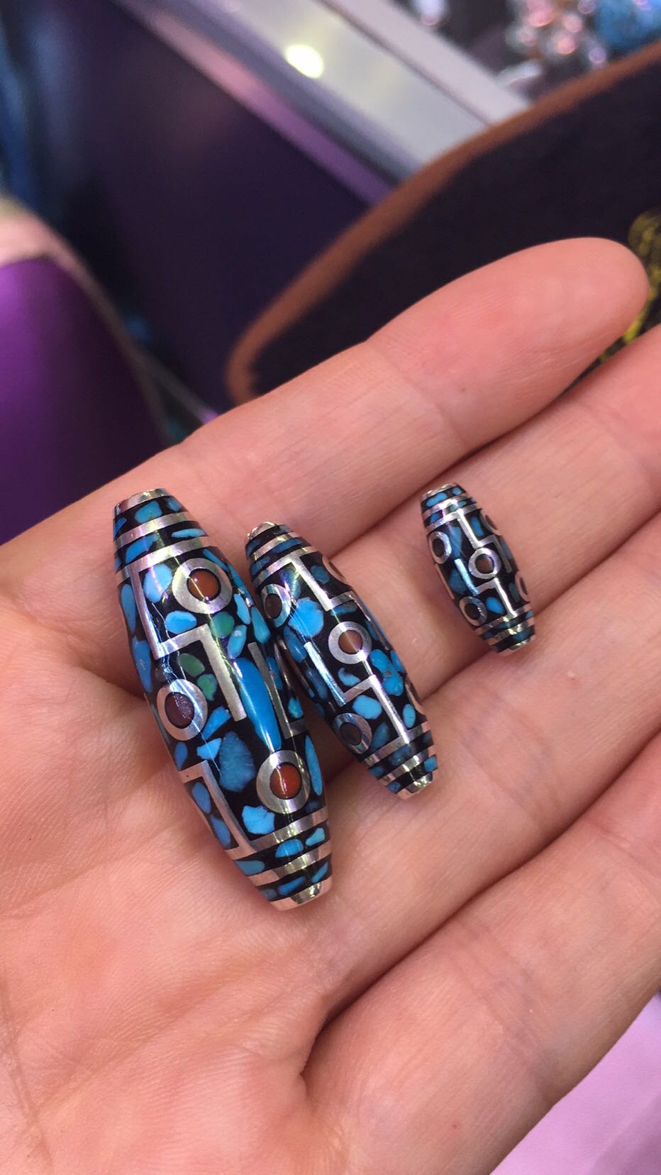 古珍925镶嵌绿松拼接乌兰花天珠送长辈妈妈老婆女朋友礼物16x7全松石